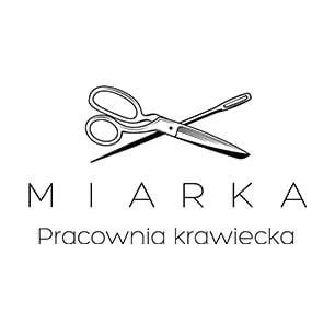 MIARKA logo z ilustracją nożyczek i polskim tekstem Pracownia krawiecka